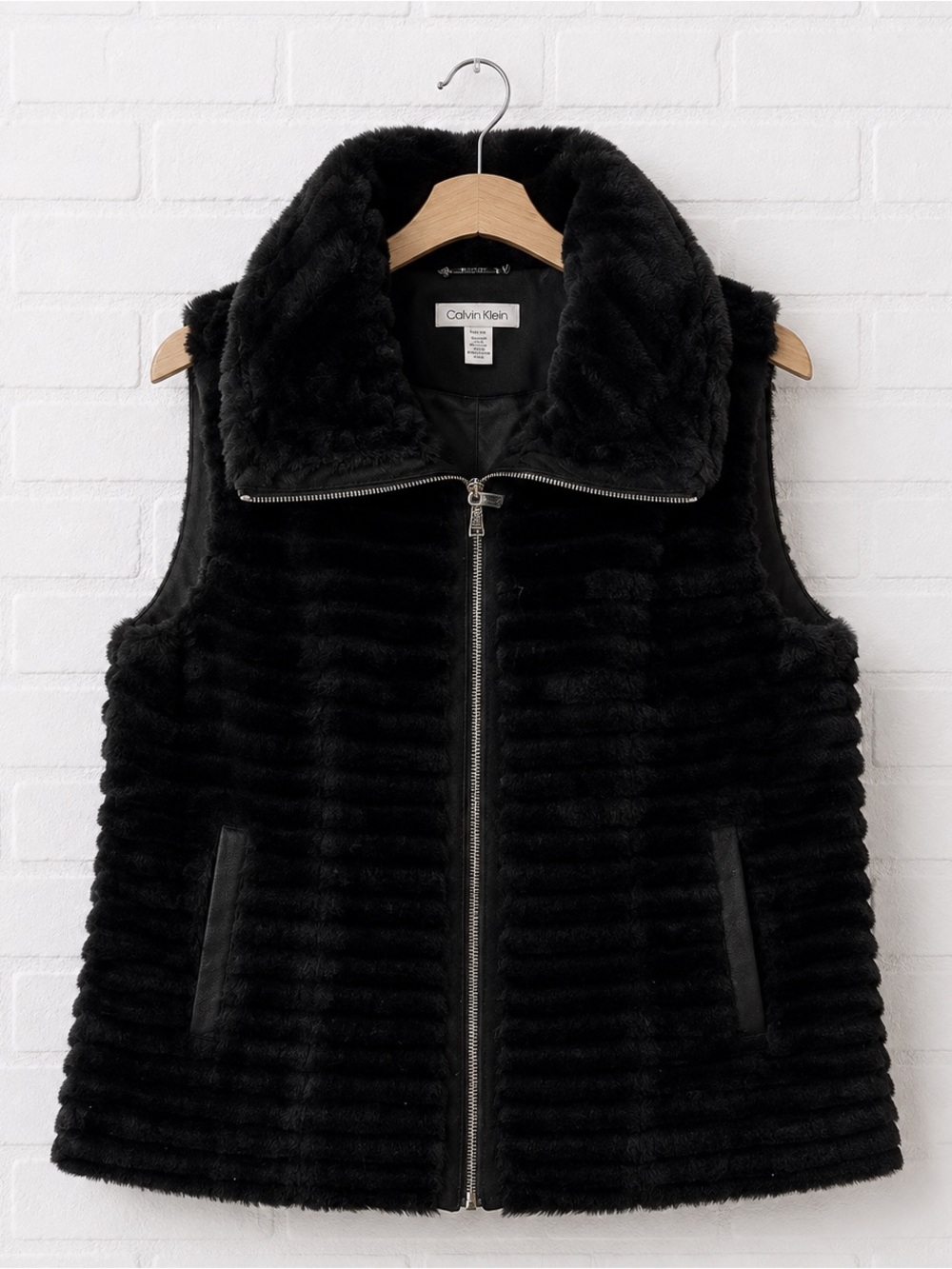 Calvin Klein Black Faux Fur Zip Vest with Stand Collar